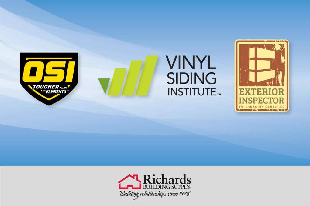 Certification logos for OSI, Vinyl Siding Institute, and Exterior Inspector Internachi